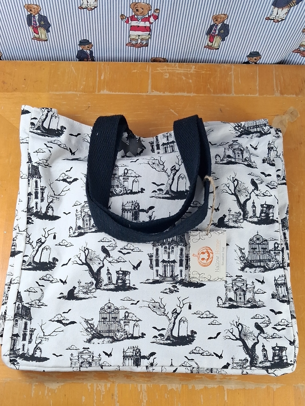 Hallow Home Halloween Black & White Goth Reusable Cancas Cotton 2 Handle Bag